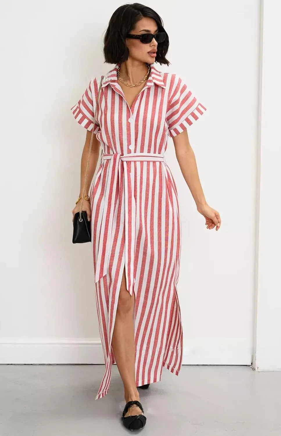 chouyatou Women's Summer Short Sleeve Striped Shirt Dress Beach Maxi Long Belted Casual Button Down Dress
