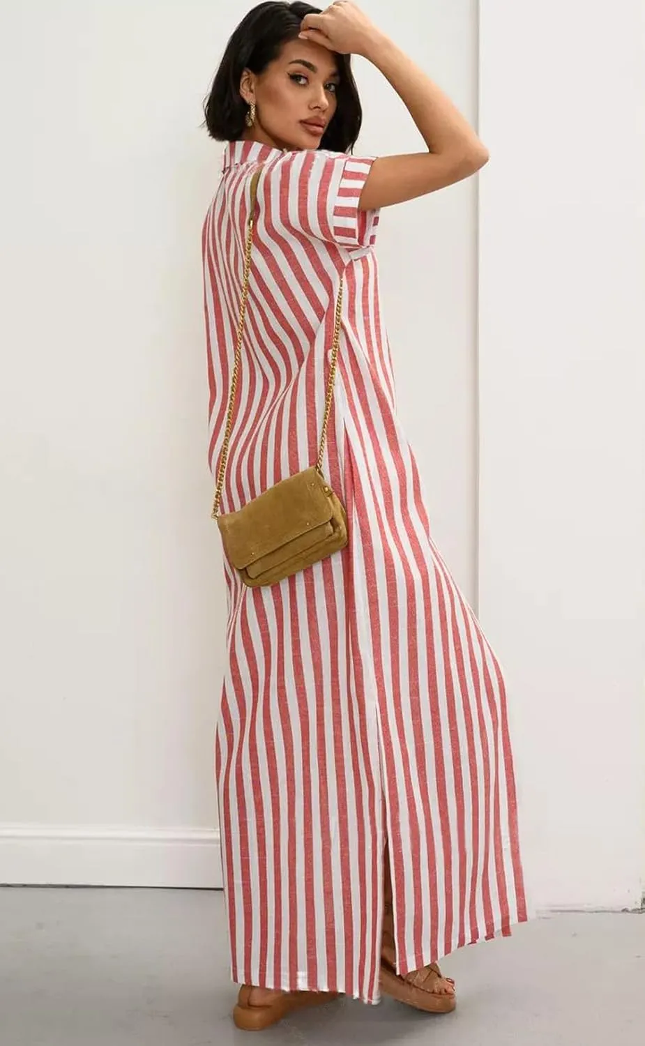 chouyatou Women's Summer Short Sleeve Striped Shirt Dress Beach Maxi Long Belted Casual Button Down Dress