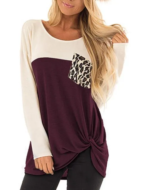 Color Block Leopard Pocket Twisted Tops
