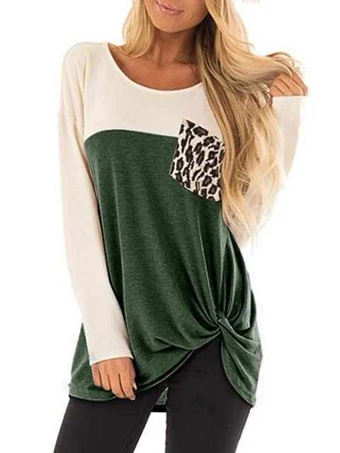 Color Block Leopard Pocket Twisted Tops
