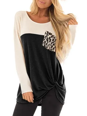 Color Block Leopard Pocket Twisted Tops