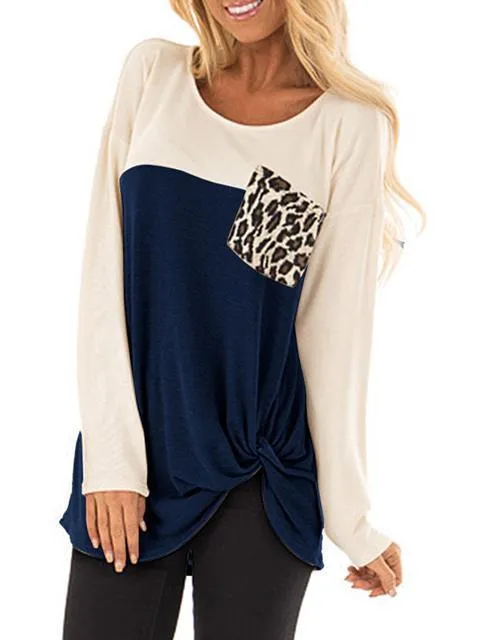 Color Block Leopard Pocket Twisted Tops