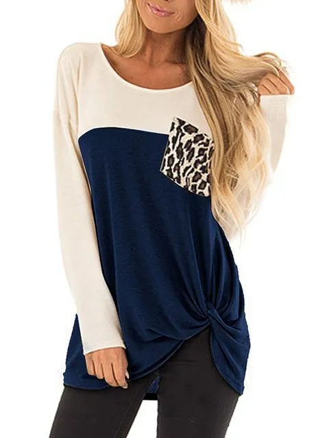 Color Block Leopard Pocket Twisted Tops
