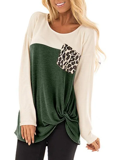 Color Block Leopard Pocket Twisted Tops