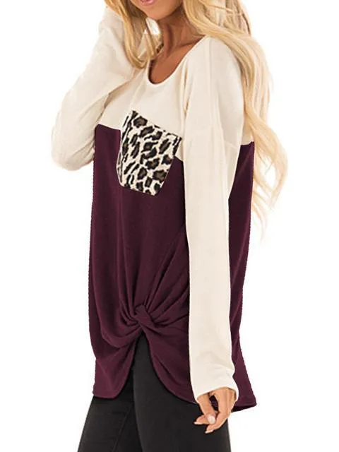 Color Block Leopard Pocket Twisted Tops