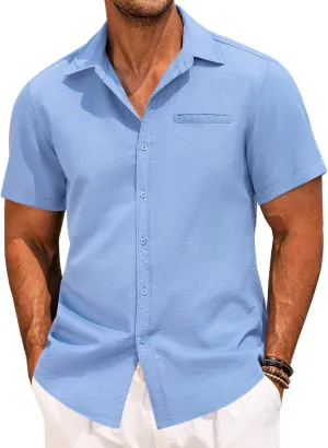 COOFANDY Mens Casual Linen Shirt Short Sleeve Button Down Shirt Summer Beach Hawaiian Shirts