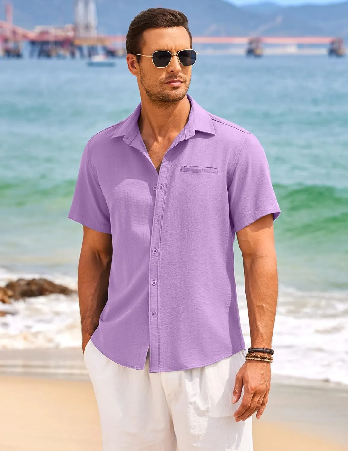 COOFANDY Mens Casual Linen Shirt Short Sleeve Button Down Shirt Summer Beach Hawaiian Shirts