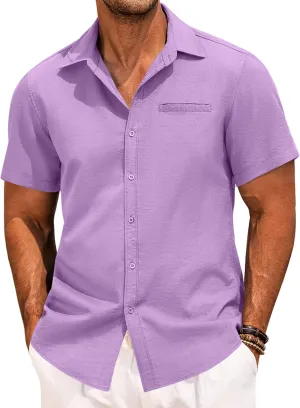 COOFANDY Mens Casual Linen Shirt Short Sleeve Button Down Shirt Summer Beach Hawaiian Shirts
