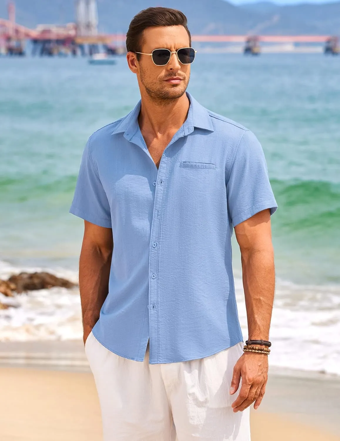 COOFANDY Mens Casual Linen Shirt Short Sleeve Button Down Shirt Summer Beach Hawaiian Shirts