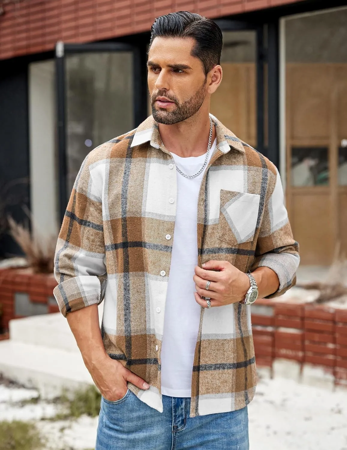 COOFANDY Mens Flannel Shirt Long Sleeve Lightweight Plaid Shirt Casual Button Down Shirts Jacket
