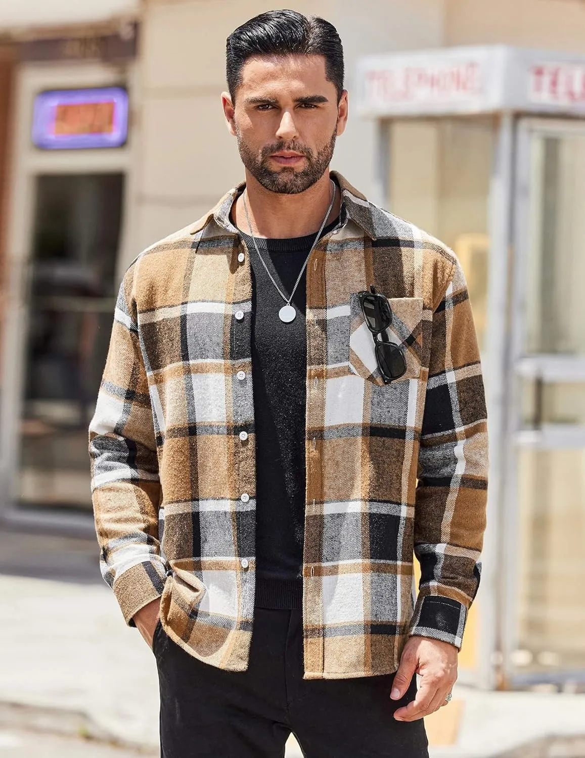COOFANDY Mens Flannel Shirt Long Sleeve Lightweight Plaid Shirt Casual Button Down Shirts Jacket