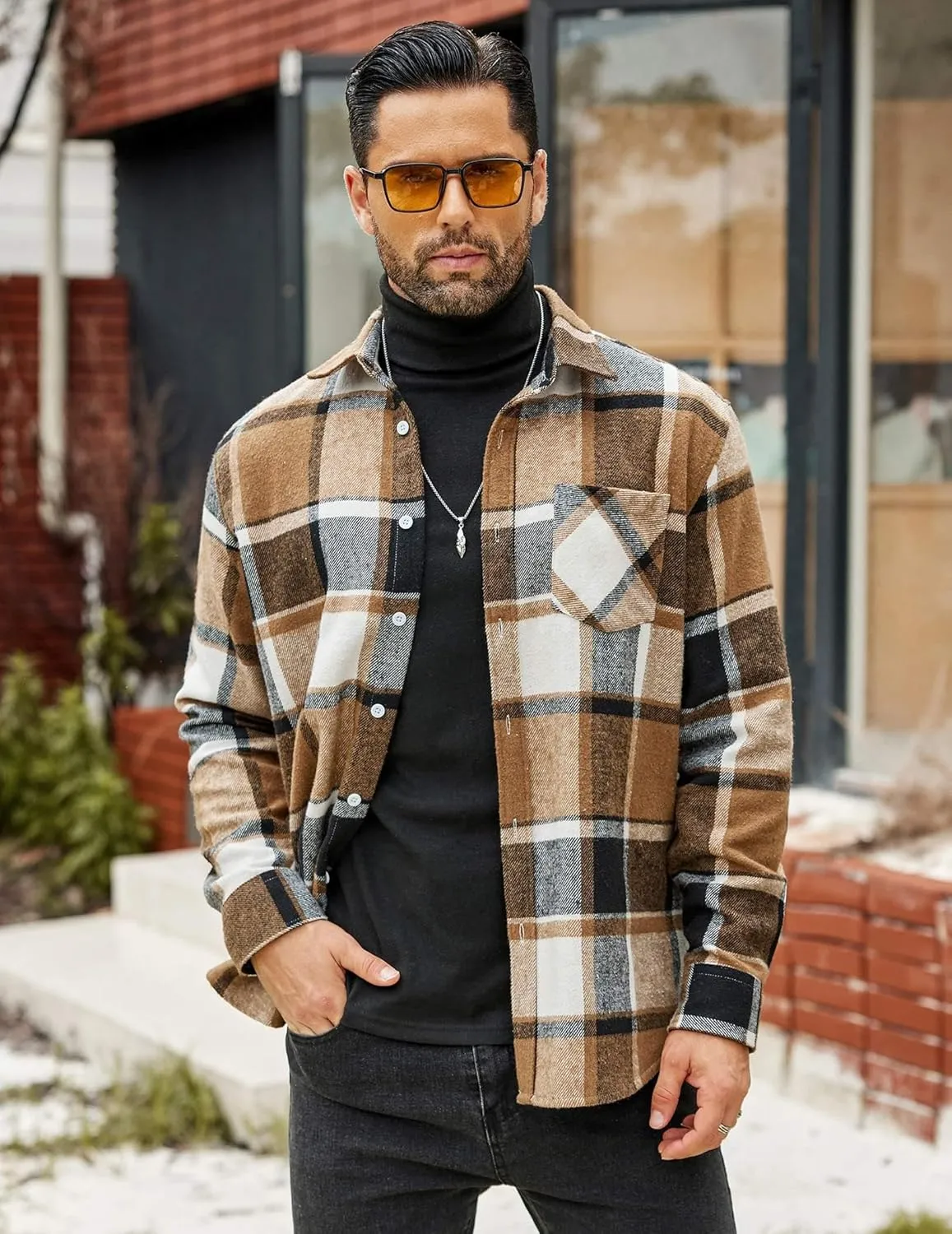 COOFANDY Mens Flannel Shirt Long Sleeve Lightweight Plaid Shirt Casual Button Down Shirts Jacket