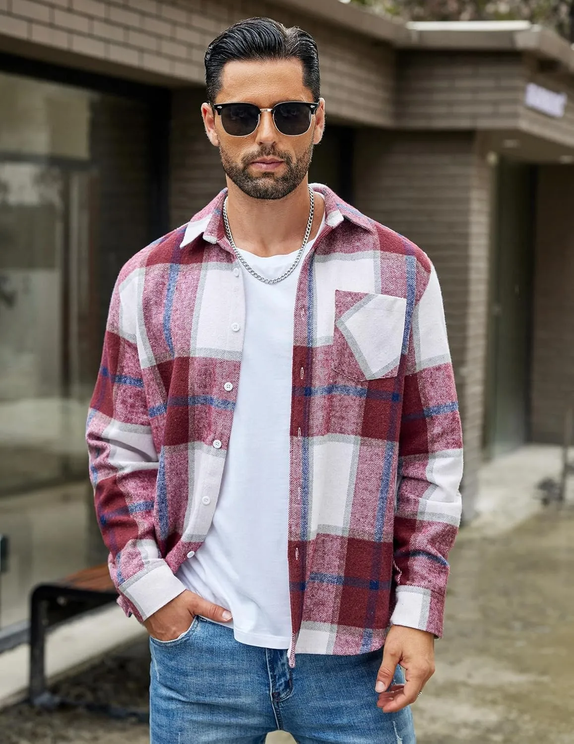 COOFANDY Mens Flannel Shirt Long Sleeve Lightweight Plaid Shirt Casual Button Down Shirts Jacket