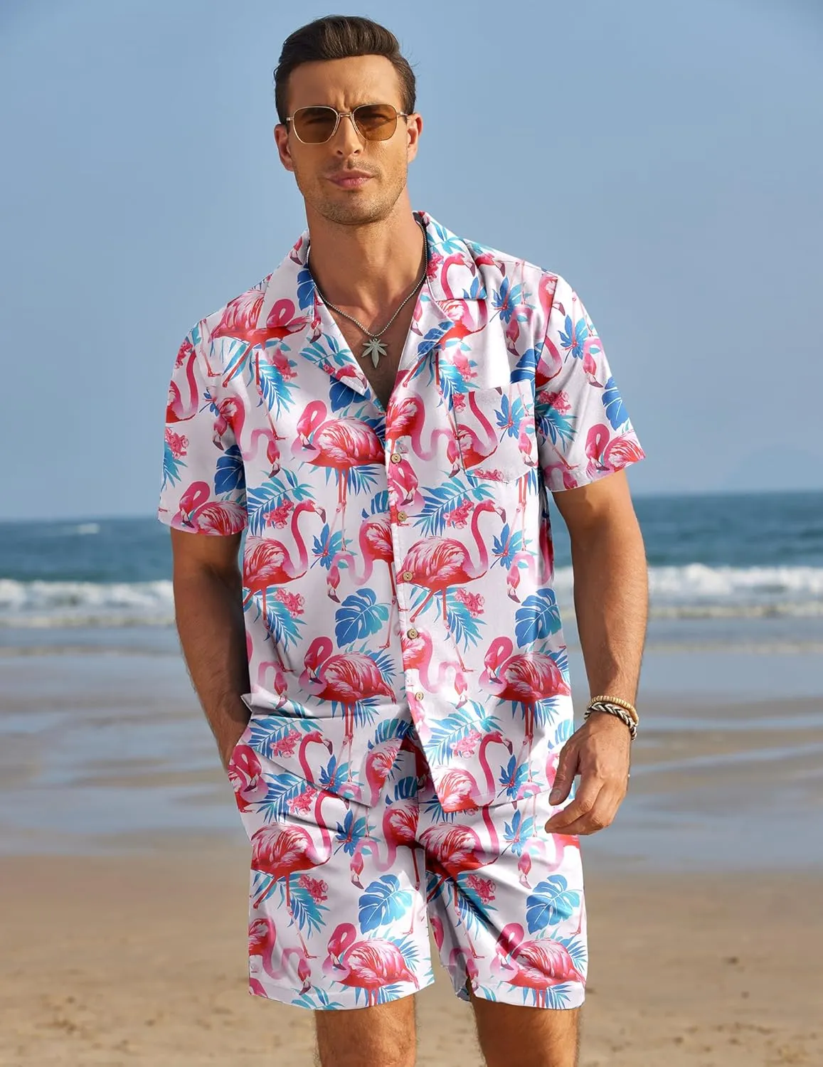 COOFANDY Mens Hawaiian Shirt and Shorts Set 2 Piece Vacation Outfits Floral Button Down Shirt