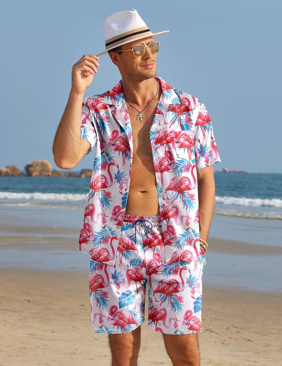 COOFANDY Mens Hawaiian Shirt and Shorts Set 2 Piece Vacation Outfits Floral Button Down Shirt