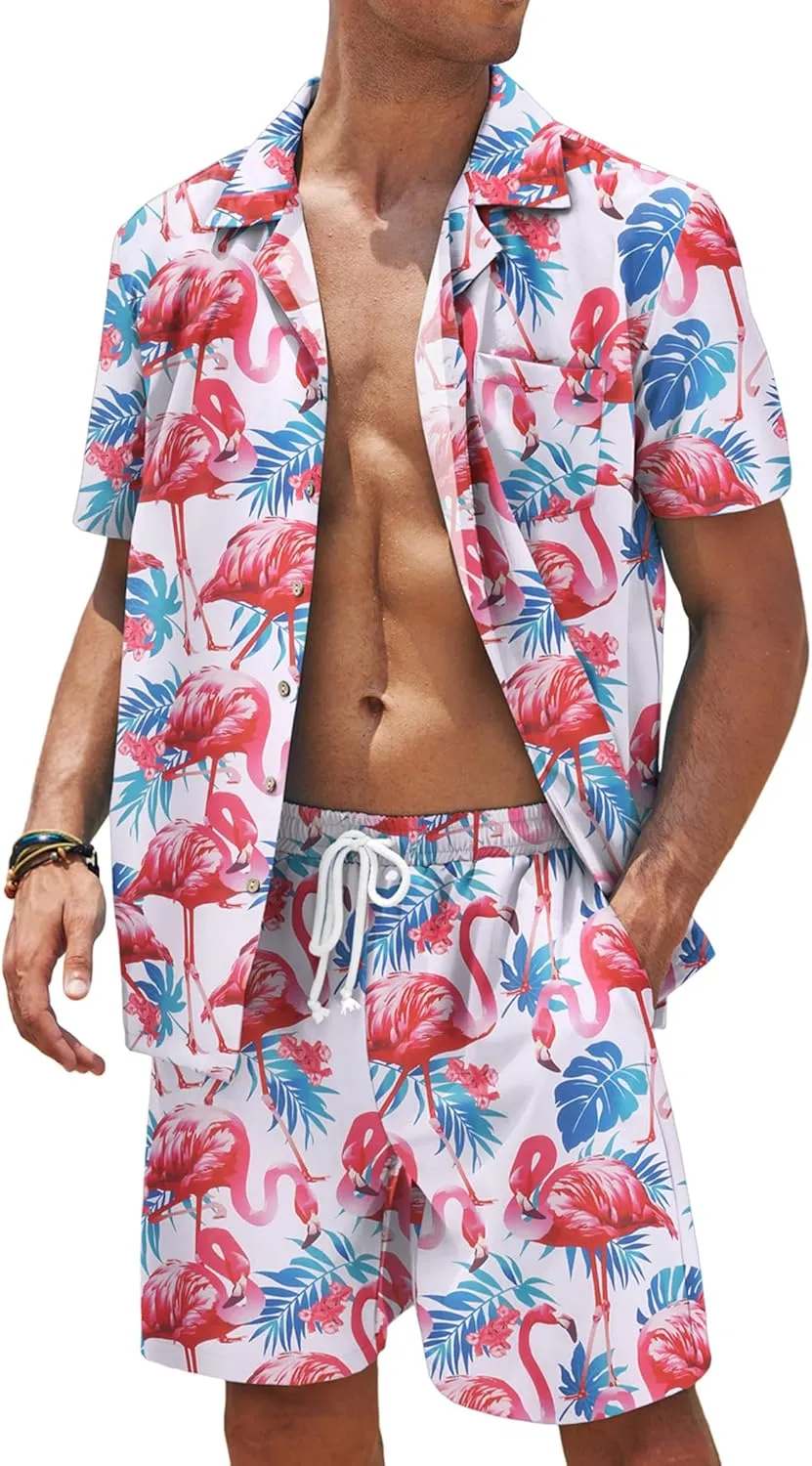 COOFANDY Mens Hawaiian Shirt and Shorts Set 2 Piece Vacation Outfits Floral Button Down Shirt