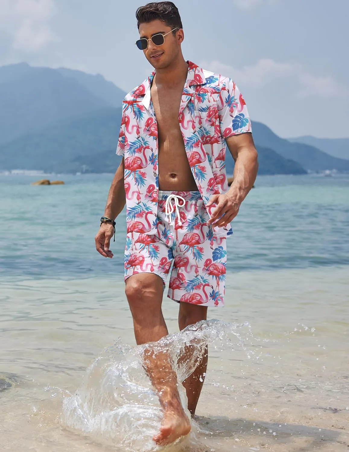 COOFANDY Mens Hawaiian Shirt and Shorts Set 2 Piece Vacation Outfits Floral Button Down Shirt