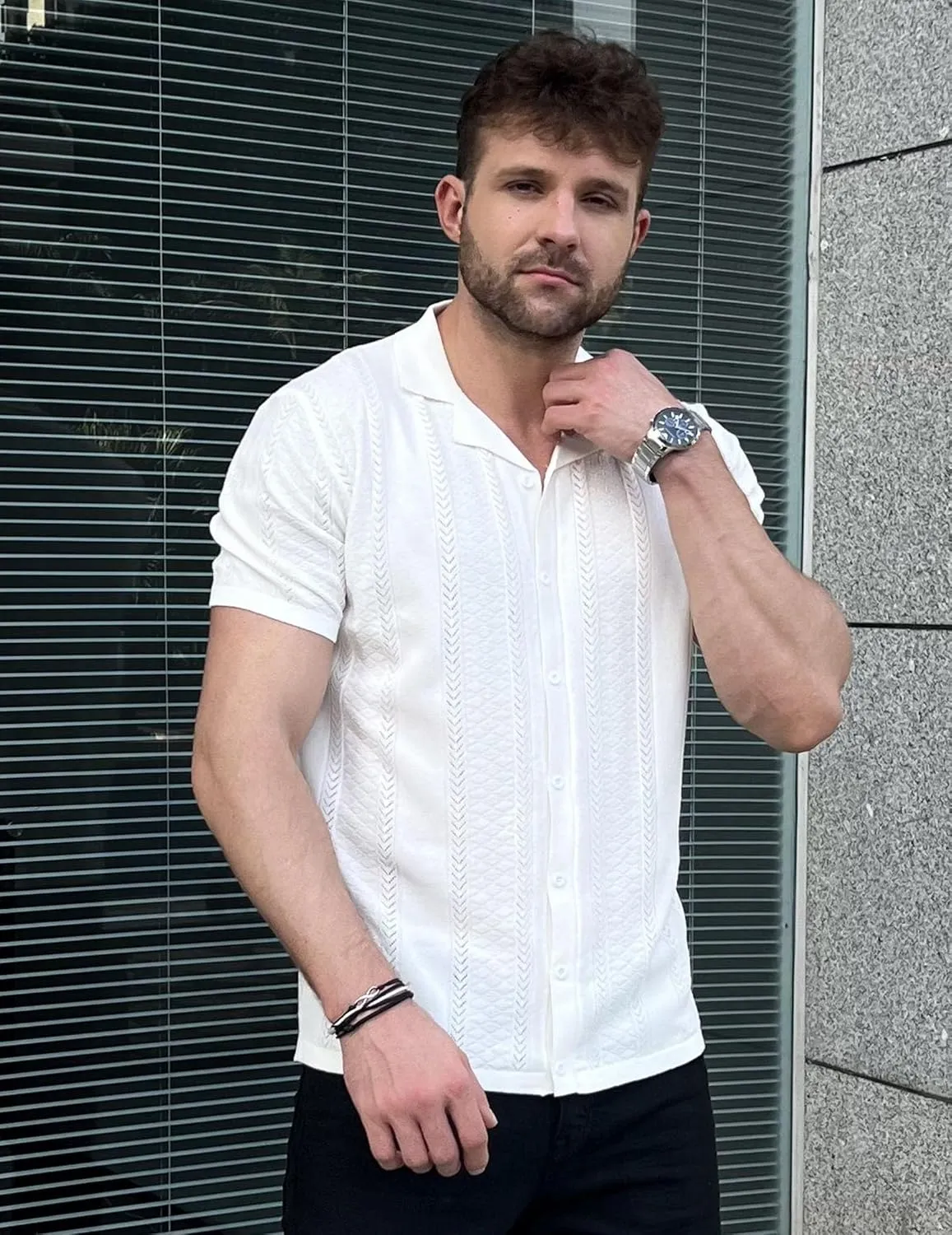 COOFANDY Men's Knit Shirts Vintage Short Sleeve Button Down Shirt Casual Summer Beach Shirt