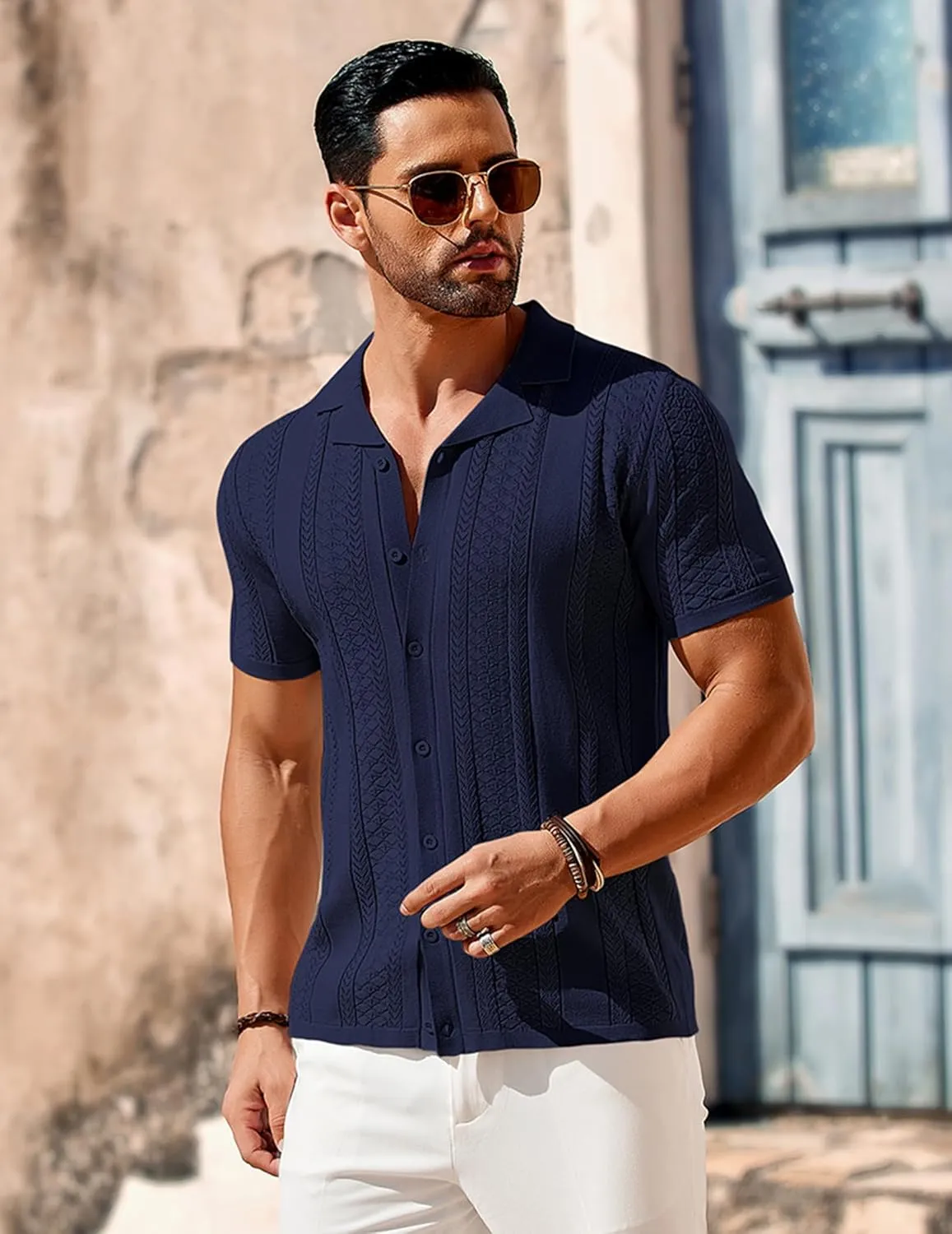 COOFANDY Men's Knit Shirts Vintage Short Sleeve Button Down Shirt Casual Summer Beach Shirt