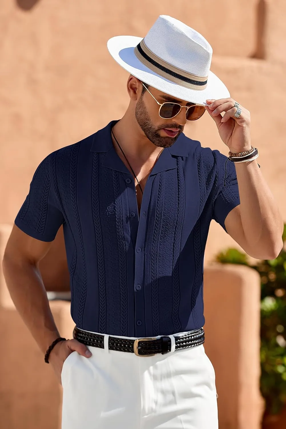 COOFANDY Men's Knit Shirts Vintage Short Sleeve Button Down Shirt Casual Summer Beach Shirt