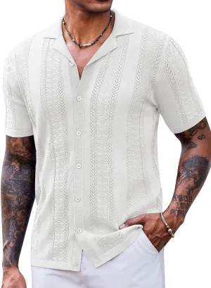 COOFANDY Men's Knit Shirts Vintage Short Sleeve Button Down Shirt Casual Summer Beach Shirt