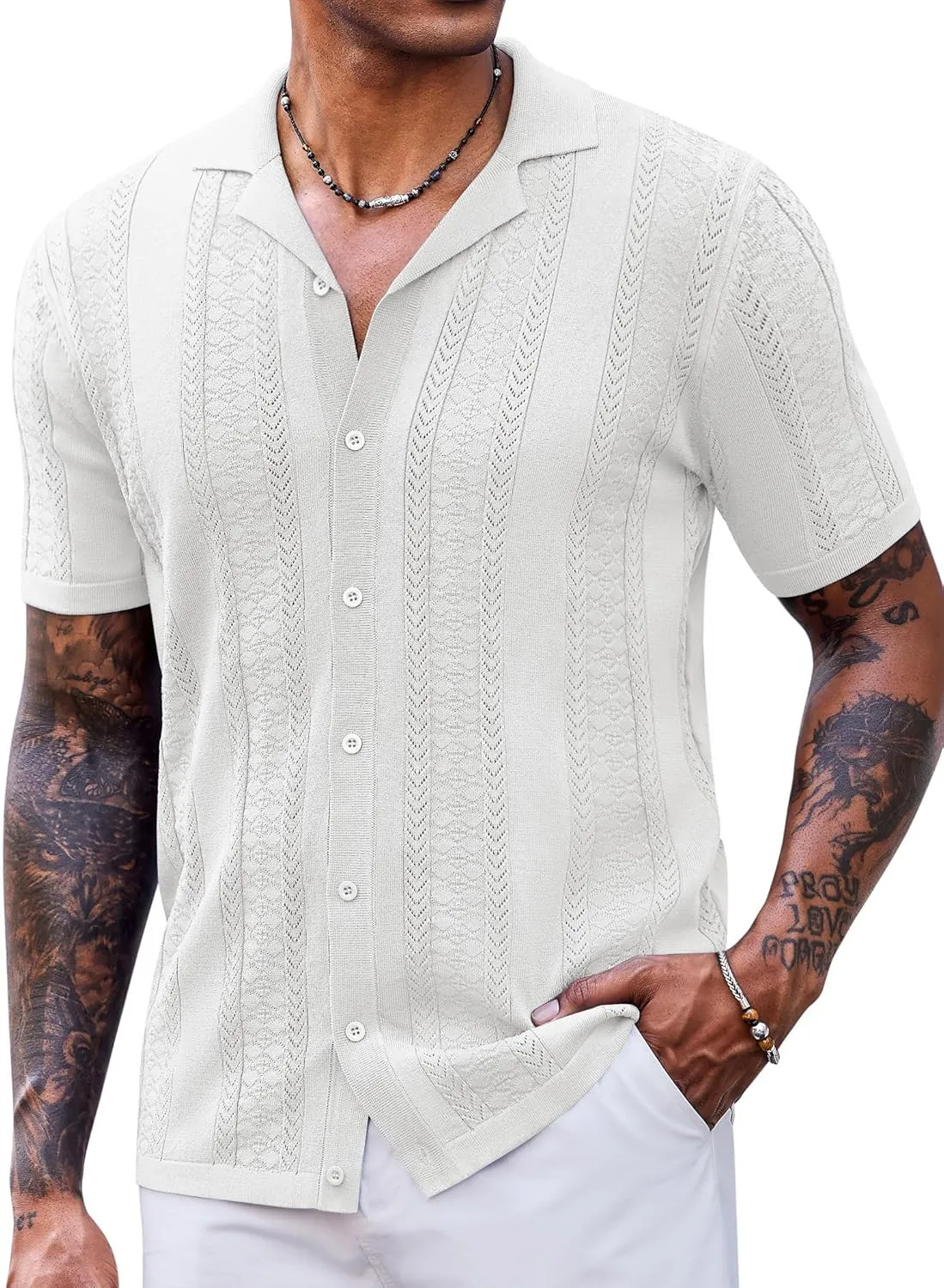 COOFANDY Men's Knit Shirts Vintage Short Sleeve Button Down Shirt Casual Summer Beach Shirt