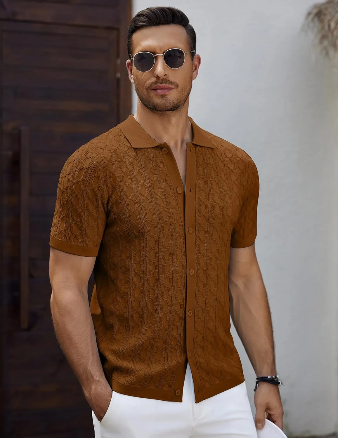 COOFANDY Men's Knit Short Sleeve Shirts Button Down Vintage Knitted Polo Shirt Casual Beach Crochet Cable Vacation Shirt