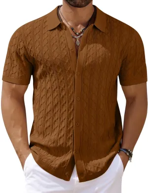 COOFANDY Men's Knit Short Sleeve Shirts Button Down Vintage Knitted Polo Shirt Casual Beach Crochet Cable Vacation Shirt
