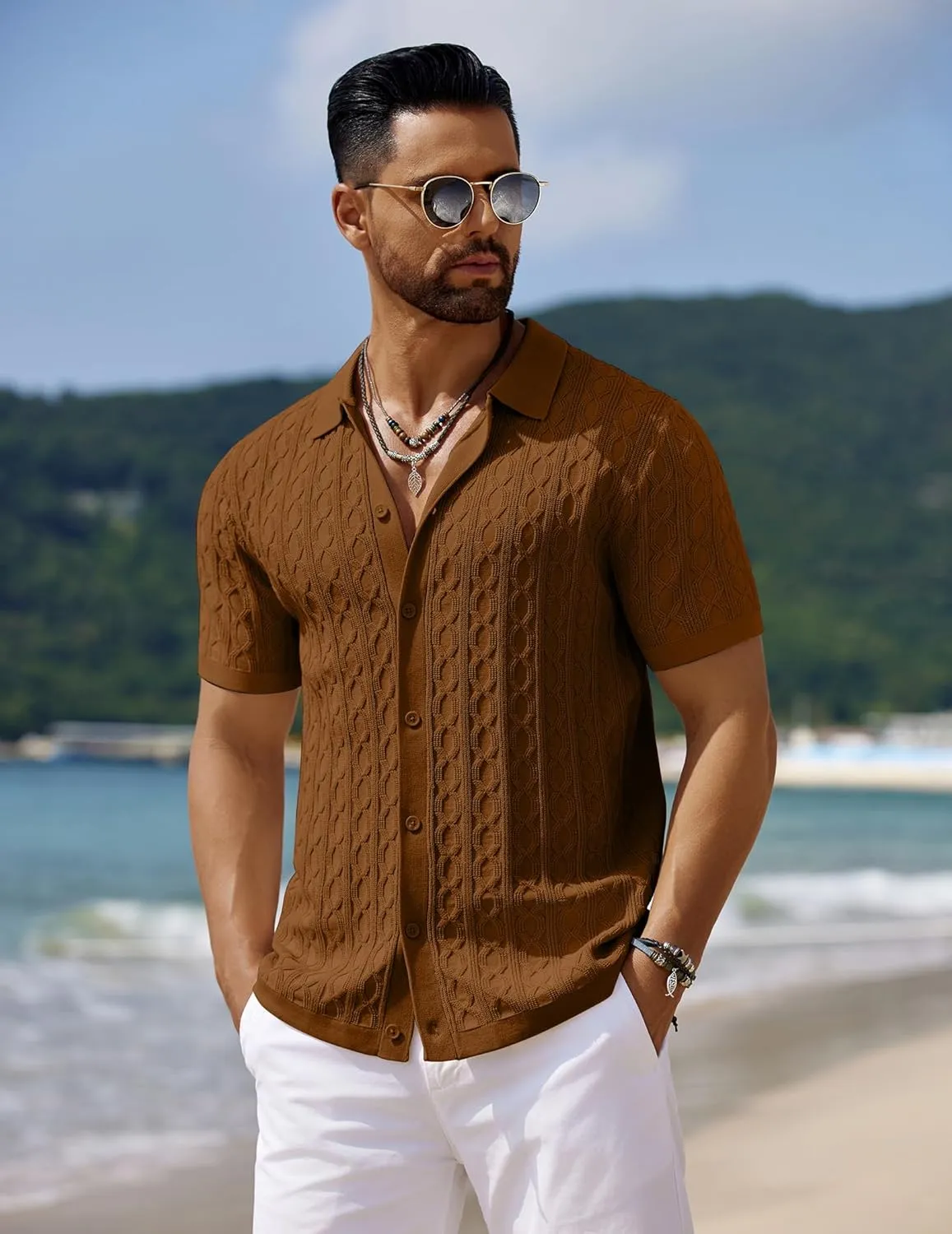 COOFANDY Men's Knit Short Sleeve Shirts Button Down Vintage Knitted Polo Shirt Casual Beach Crochet Cable Vacation Shirt
