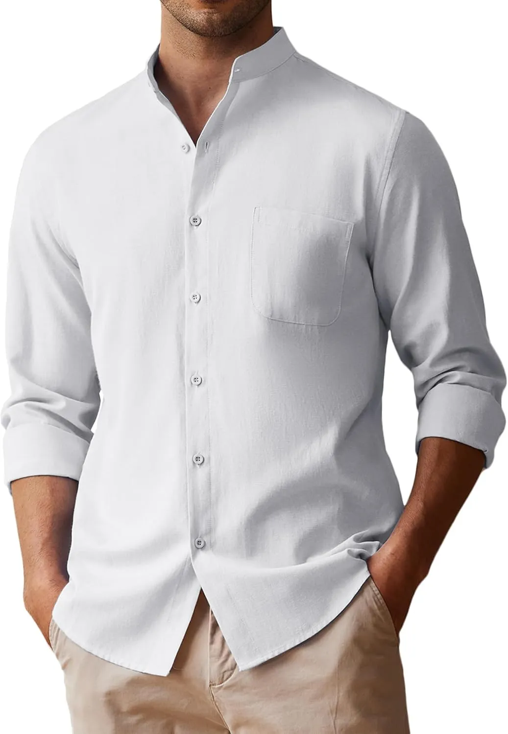 COOFANDY Men's Long Sleeve Linen Shirt Band Collar Button Down Shirts Oxford Dress Shirt