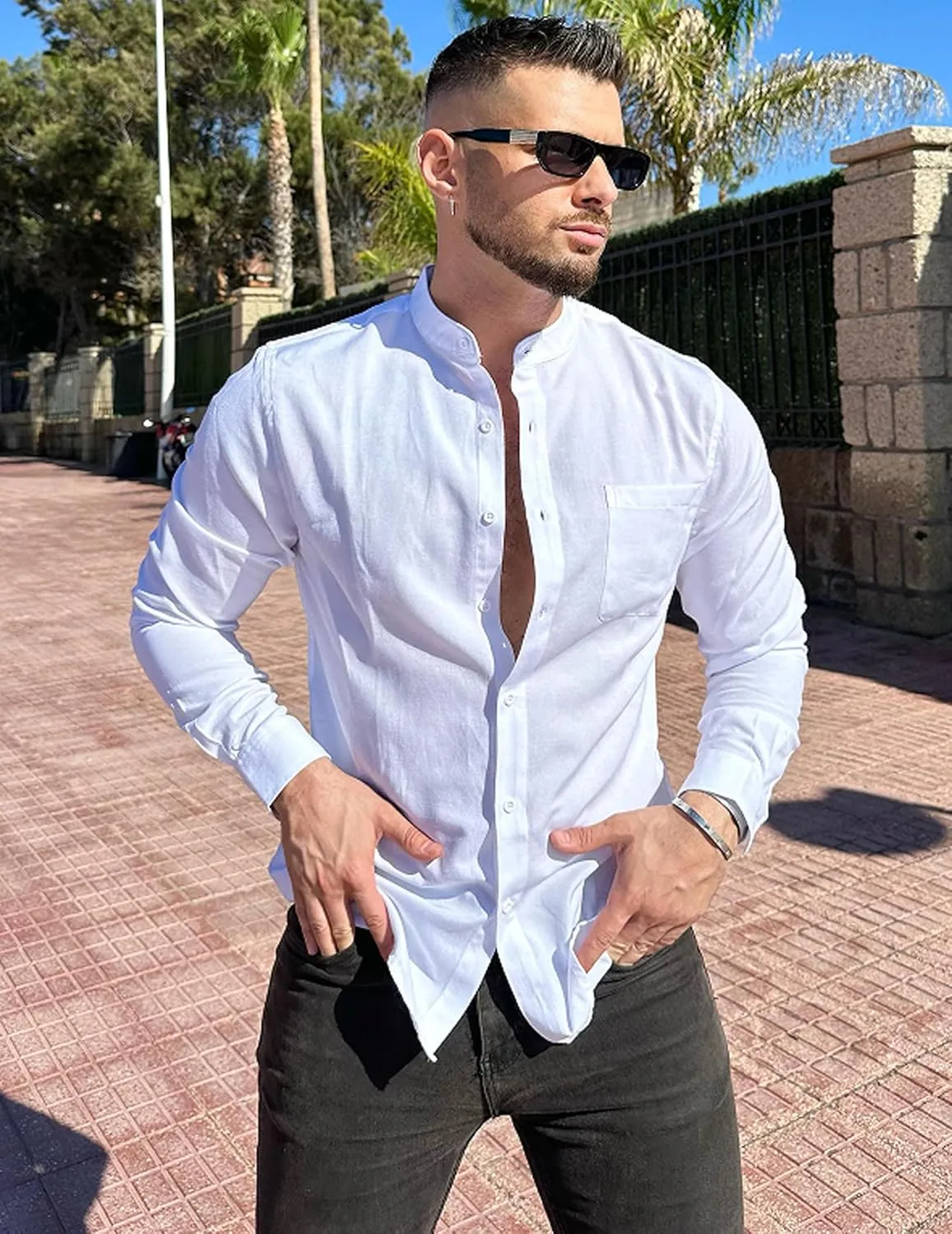 COOFANDY Men's Long Sleeve Linen Shirt Band Collar Button Down Shirts Oxford Dress Shirt