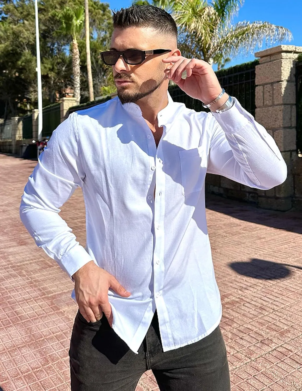 COOFANDY Men's Long Sleeve Linen Shirt Band Collar Button Down Shirts Oxford Dress Shirt