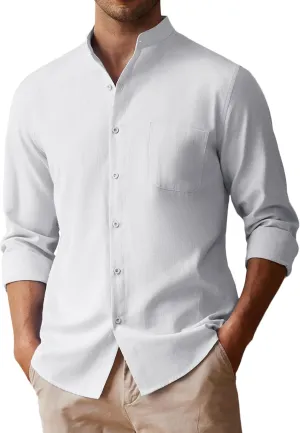 COOFANDY Men's Long Sleeve Linen Shirt Band Collar Button Down Shirts Oxford Dress Shirt