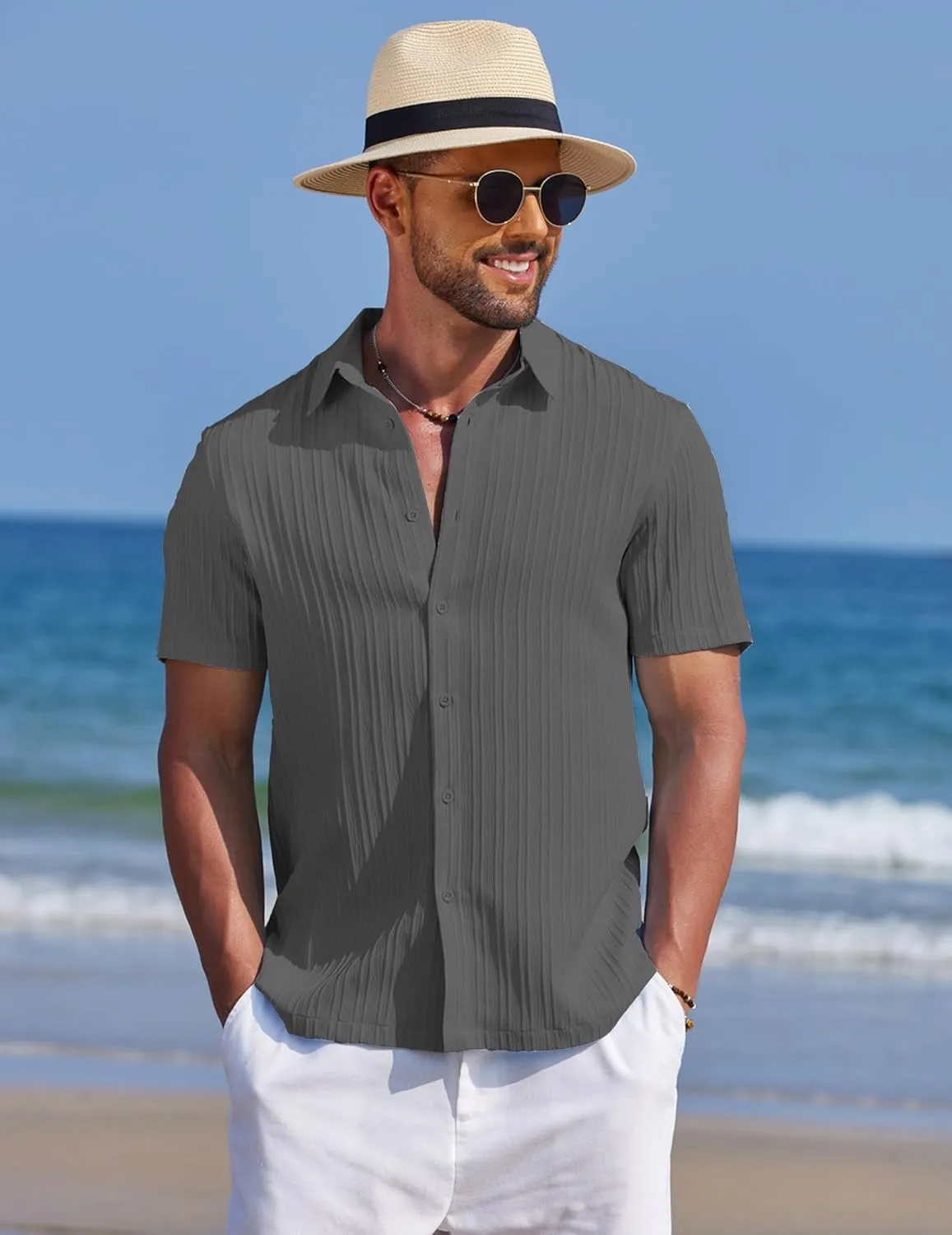 COOFANDY Men's Summer Beach Vacation Shirt Casual Short Sleeve Button Down Shirt for Men