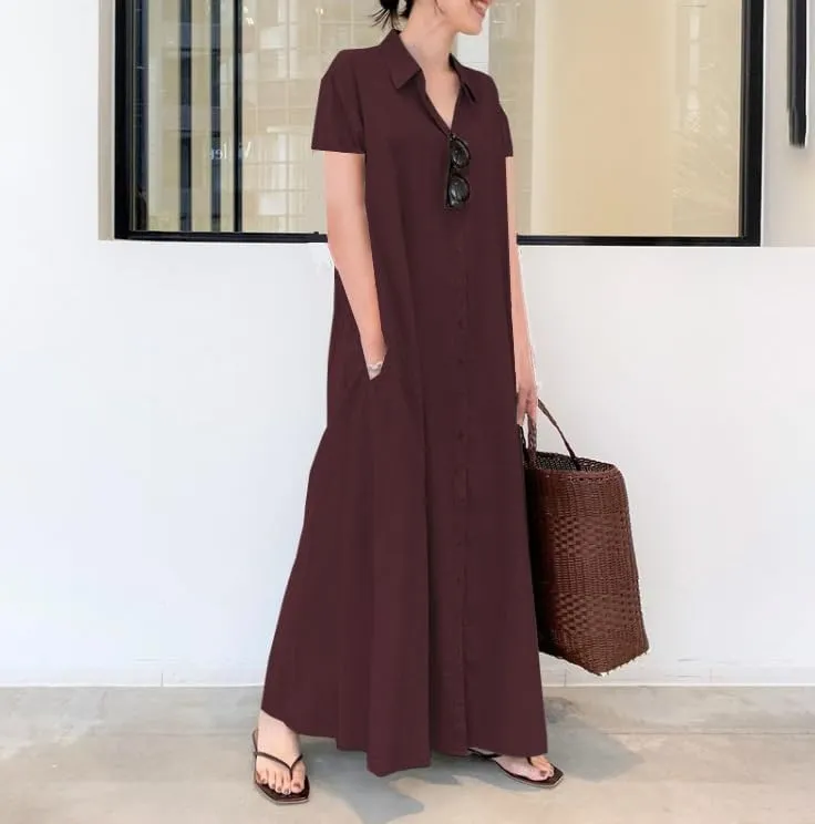 Costaric Womens Cotton Linen Button Down Shirt Dress Casual Plus Size Short Sleeve V Neck Ruffled Maxi Dress with Pocket