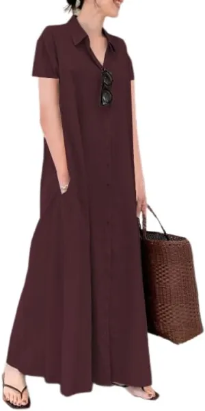 Costaric Womens Cotton Linen Button Down Shirt Dress Casual Plus Size Short Sleeve V Neck Ruffled Maxi Dress with Pocket