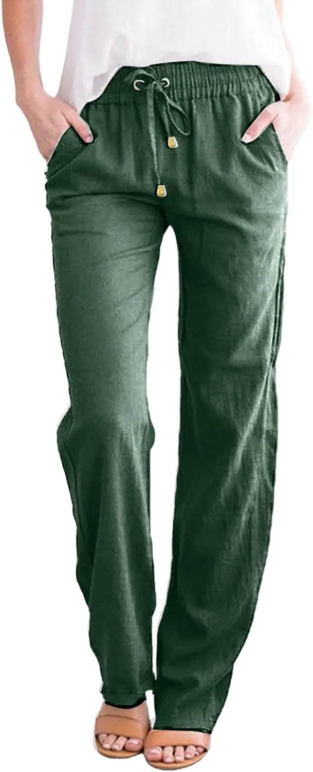 Cotton Linen Pants for Women Casual Loose Lightweight Beach Trousers Wide Leg Cropped Lounge Trousers with Pockets