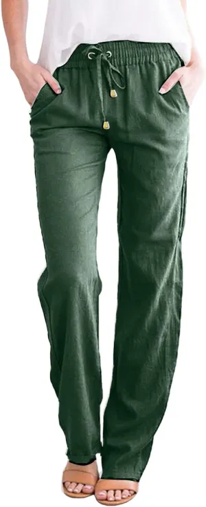 Cotton Linen Pants for Women Casual Loose Lightweight Beach Trousers Wide Leg Cropped Lounge Trousers with Pockets