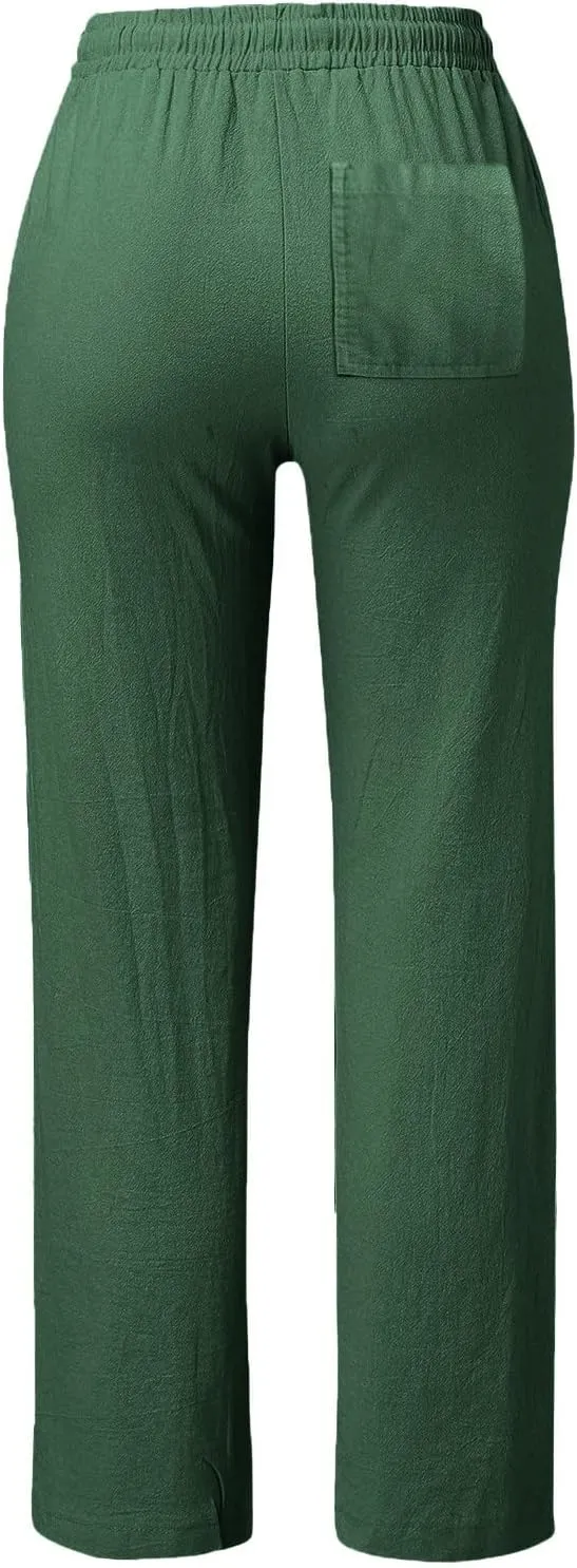 Cotton Linen Pants for Women Casual Loose Lightweight Beach Trousers Wide Leg Cropped Lounge Trousers with Pockets