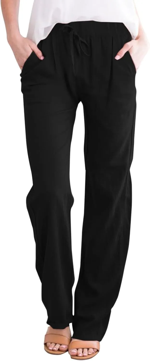 Cotton Linen Pants for Women Printed Capri Pant Plus Size Wide Leg Sweatpants Summer Cropped Elastic Waist Trousers