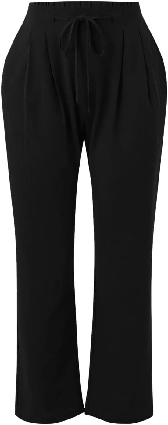 Cotton Linen Pants for Women Printed Capri Pant Plus Size Wide Leg Sweatpants Summer Cropped Elastic Waist Trousers