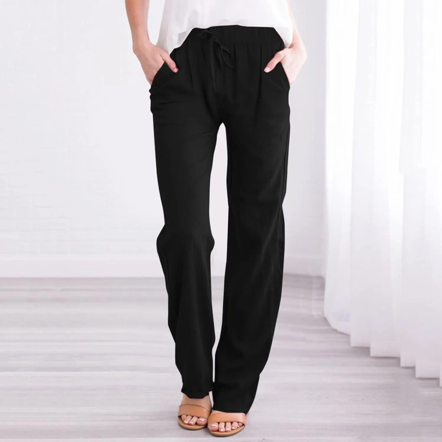 Cotton Linen Pants for Women Printed Capri Pant Plus Size Wide Leg Sweatpants Summer Cropped Elastic Waist Trousers