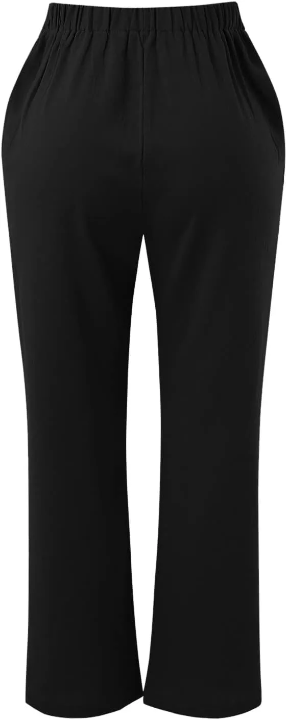 Cotton Linen Pants for Women Printed Capri Pant Plus Size Wide Leg Sweatpants Summer Cropped Elastic Waist Trousers