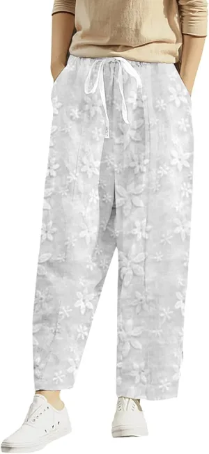 Cotton Linen Pants Women High Waisted Wide Leg Lace Pant Baggy Summer Beach Trousers Loose Pants with Pockets