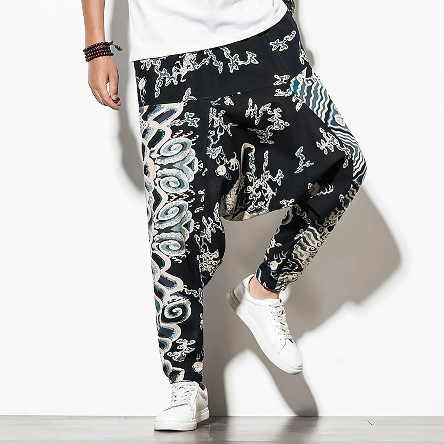 CRNTCEM Mens Printed Harem Pants Baggy Drop Crotch Boho Hippie Pants Straigth Leg Cotton Atheltic Yoga Trousers