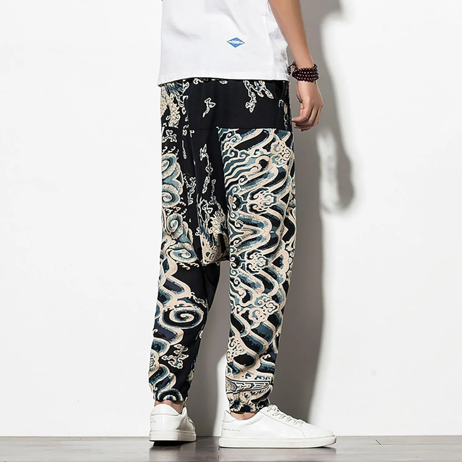 CRNTCEM Mens Printed Harem Pants Baggy Drop Crotch Boho Hippie Pants Straigth Leg Cotton Atheltic Yoga Trousers