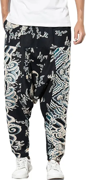 CRNTCEM Mens Printed Harem Pants Baggy Drop Crotch Boho Hippie Pants Straigth Leg Cotton Atheltic Yoga Trousers