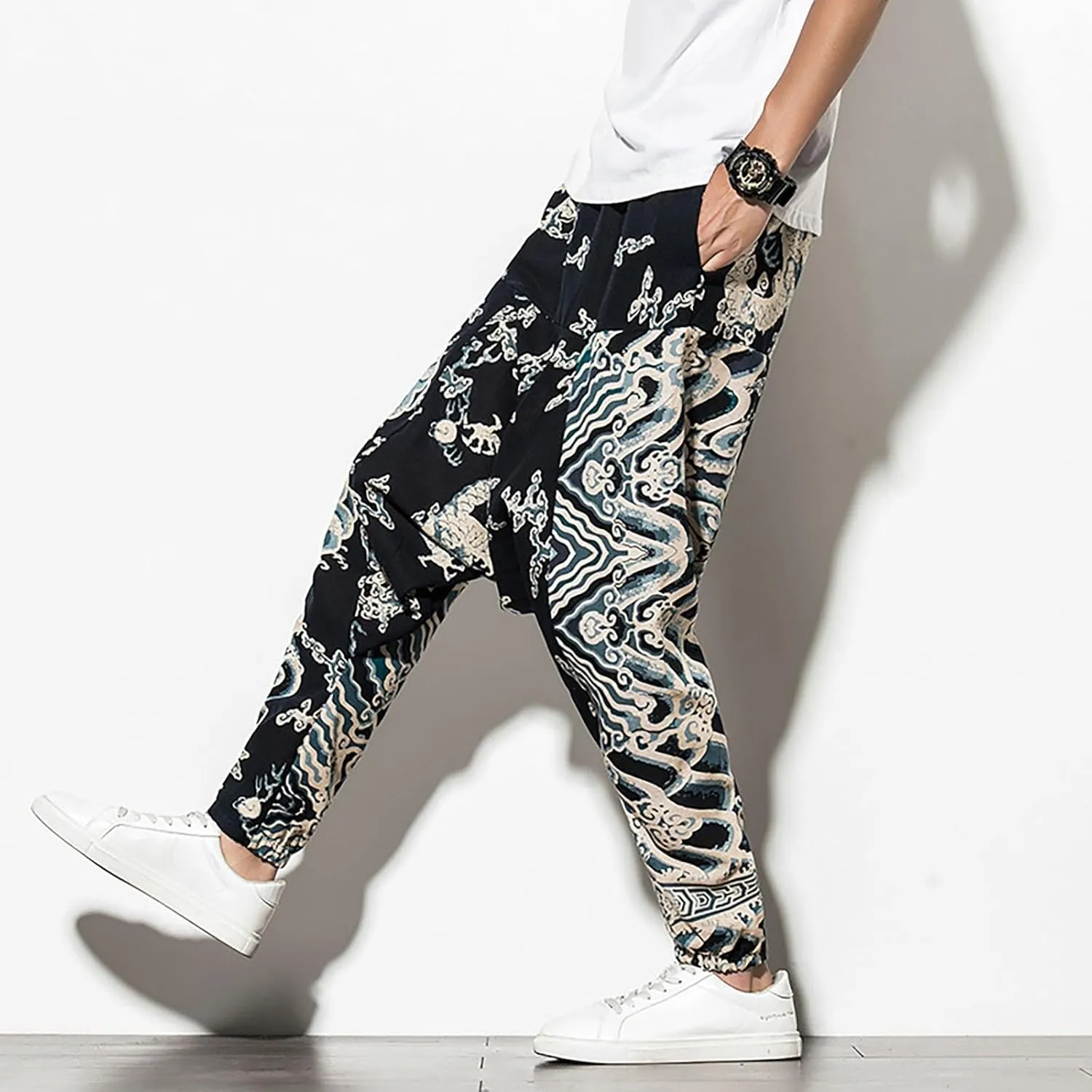CRNTCEM Mens Printed Harem Pants Baggy Drop Crotch Boho Hippie Pants Straigth Leg Cotton Atheltic Yoga Trousers