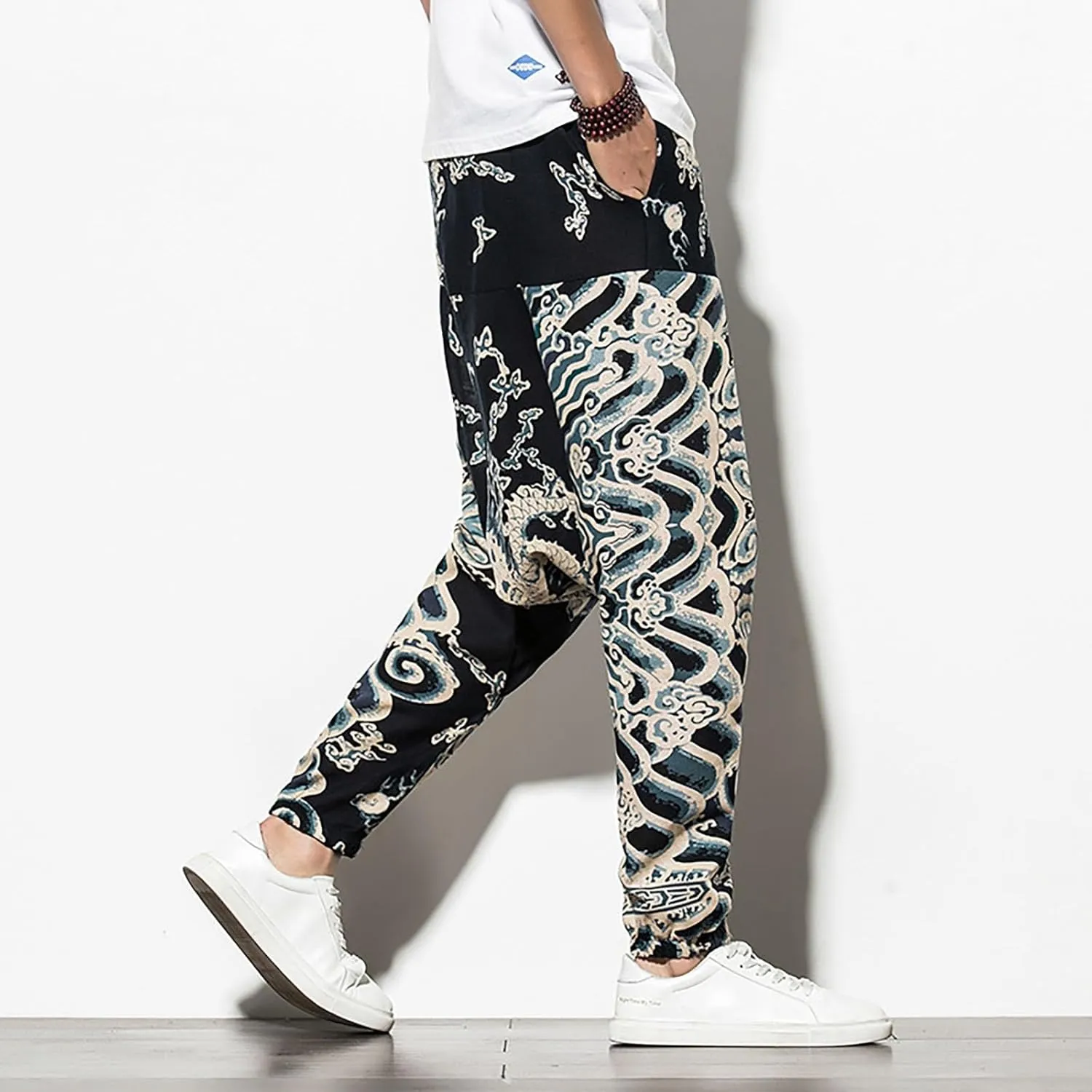 CRNTCEM Mens Printed Harem Pants Baggy Drop Crotch Boho Hippie Pants Straigth Leg Cotton Atheltic Yoga Trousers