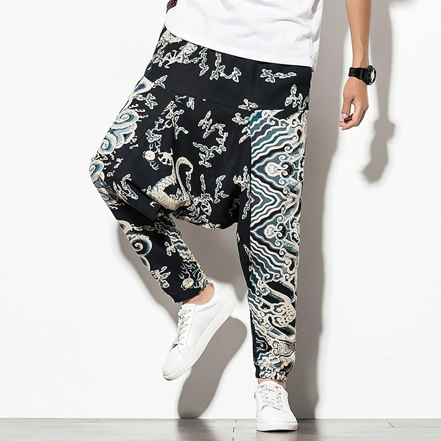 CRNTCEM Mens Printed Harem Pants Baggy Drop Crotch Boho Hippie Pants Straigth Leg Cotton Atheltic Yoga Trousers